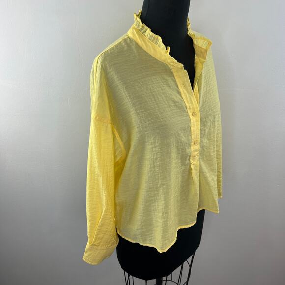 MNG by Mango Yellow Long Sleeve Boxy Popover Shirt Button-Up Ruffle Collar S - Picture 3 of 7